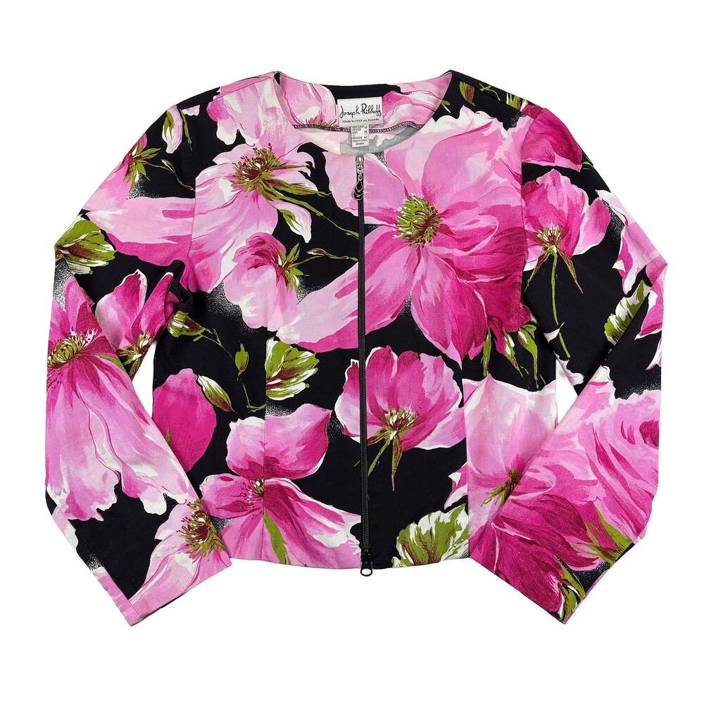 Joseph Ribkoff Floral Zip Jacket Women's 10 Pink Black Cropped Blazer Statement